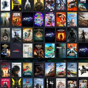 Puede incluir: Una colección de portadas de videojuegos, que presenta una variedad de títulos. Las portadas muestran diversas ilustraciones, incluyendo escenas de acción, retratos de personajes y logotipos de juegos. Los juegos abarcan varios géneros, con títulos como "Cyberpunk" y "Fallout 4".