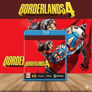 May include: A Blu-ray disc case for Borderlands 4, featuring a red background and the game's logo in yellow. The cover art showcases a robotic character with blue and white accents. The case includes the 18 rating, 4K, Shared, Offline, and Steam logos.