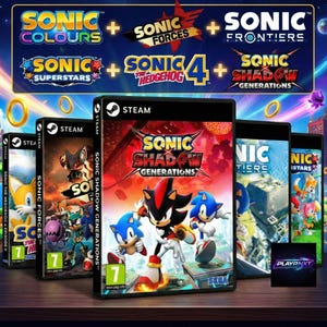 Puede incluir: Imagen promocional de varios juegos de Sonic the Hedgehog. Las cajas muestran títulos como "Sonic Shadow Generations" y "Sonic Frontiers". El logotipo de Steam y el logotipo de Sega están presentes. El fondo presenta una ciudad y el logotipo de Sonic.