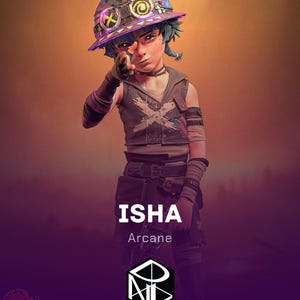 Puede incluir: Ilustración digital del personaje Isha de Arcane, con un sombrero detallado con detalles morados y azules. El personaje está señalando al espectador. El texto "ISHA", "Arcane" y "Art in resin" está incluido.