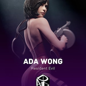 Puede incluir: Figura de resina de Ada Wong de Resident Evil, sosteniendo una ametralladora. La figura viste un vestido rojo. La imagen incluye el texto "ADA WONG" y "Resident Evil". Fabricado por "Art in resin".