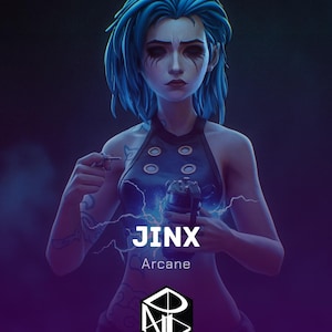 Puede incluir: Representación 3D detallada del personaje Jinx de Arcane, con cabello azul y maquillaje oscuro. Viste un top negro con detalles circulares. La imagen incluye el texto "Jinx", "Arcane" y "Art in resin", junto con un logotipo, sobre un fondo oscuro.