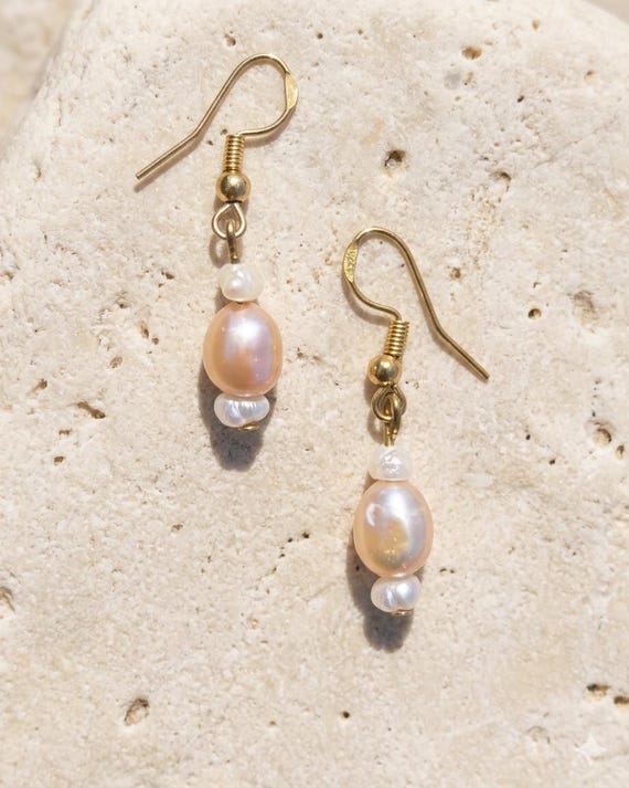 Pink Freshwater Pearl Dangle Earrings, Sterling Silver, Minimalist Pearl Drop, Coastal