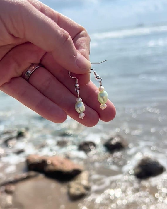 Green Freshwater Pearl Dangle Earrings, Sterling Silver, Minimalist Pearl Drop, Coastal