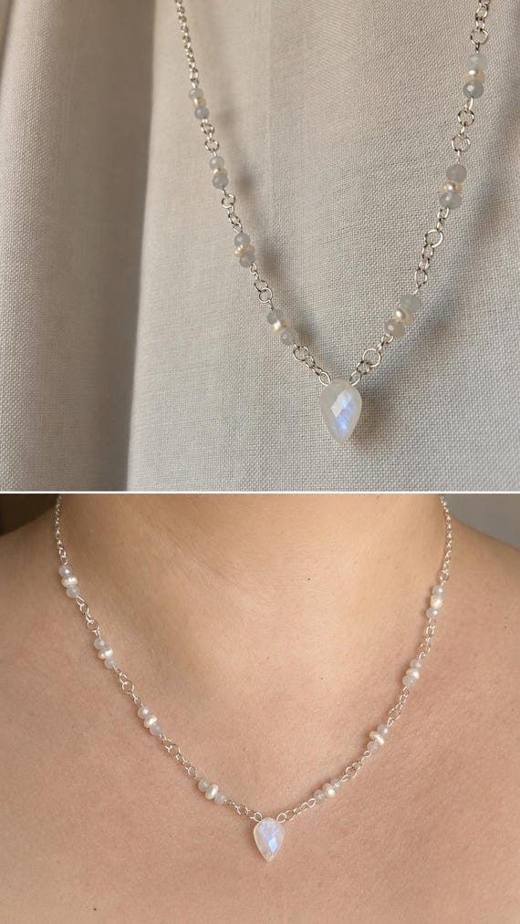 "White Swan" Necklace (Rainbow Moonstone, Chalcedony, Freshwater Pearl)