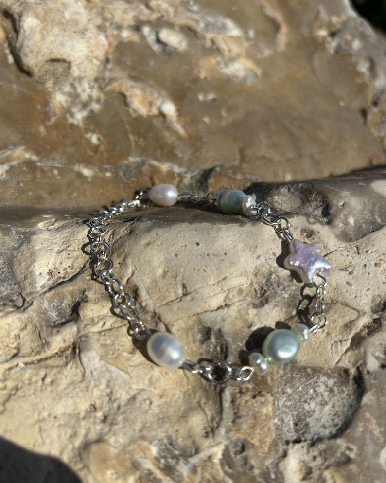 Zoetwaterparelsterarmband, roestvrijstalen ketting, minimalistische oceaansieraden afbeelding 2