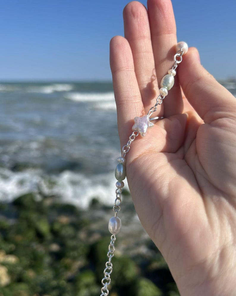 Zoetwaterparelsterarmband, roestvrijstalen ketting, minimalistische oceaansieraden afbeelding 3