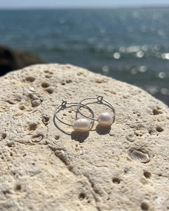 Freshwater Pearl Hoop Earrings, Stainless Steel, Minimalist, Feminine Jewelry Gift
