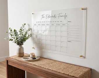 Calendário de parede em acrílico para presente de boas-vindas | Planejador familiar personalizado com quadro branco | Presente para casa nova | Central de comando mensal personalizada