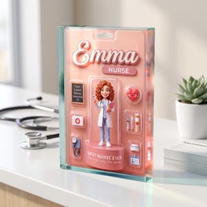 Puede incluir: Un bloque de acrílico transparente que contiene una figura 3D de una enfermera llamada Emma, con bata blanca y uniforme azul. El expositor incluye accesorios médicos como un corazón, una jeringuilla y el texto Emma, Nurse, Best Nurse Ever.
