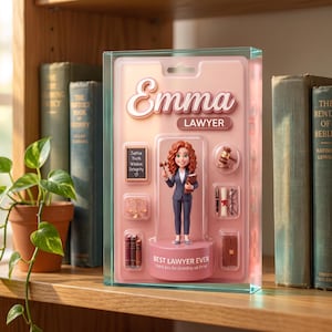 Könnte beinhalten: Eine individuelle Actionfigur in rosa Blisterverpackung mit der Aufschrift Emma Lawyer und Best Lawyer Ever. Das Set enthält eine Anwaltsfigur, eine Tafel mit Text, einen Hammer, eine Waage, Bücher, einen Stift, eine Schriftrolle und eine Aktentasche.