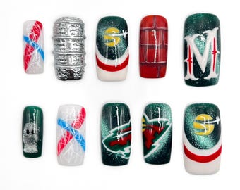 Uñas postizas Minnesota Wild, uñas postizas de gel inspiradas en el hockey, arte de Minnesota, uñas deportivas hechas a mano, uñas de hockey sobre hielo esculpidas en 3D