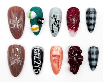 Uñas postizas inspiradas en Supernatural, diseño de uñas de los hermanos Winchester, uñas postizas de gel esculpidas en 3D.
