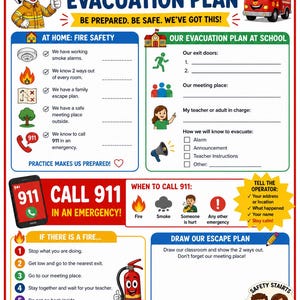 May include: A colorful fire safety and evacuation plan worksheet featuring a cartoon dalmatian firefighter and a fire truck. The document includes sections for home and school safety, emergency contact instructions, and a space to draw an escape plan.