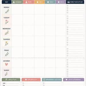 Pode incluir: Um planejador familiar semanal intitulado Our Family Organizer com uma ilustração de casa, um ícone de família e colunas para marido, esposa e três filhos. Inclui seções para refeições, compras, compromissos e notas com flores.
