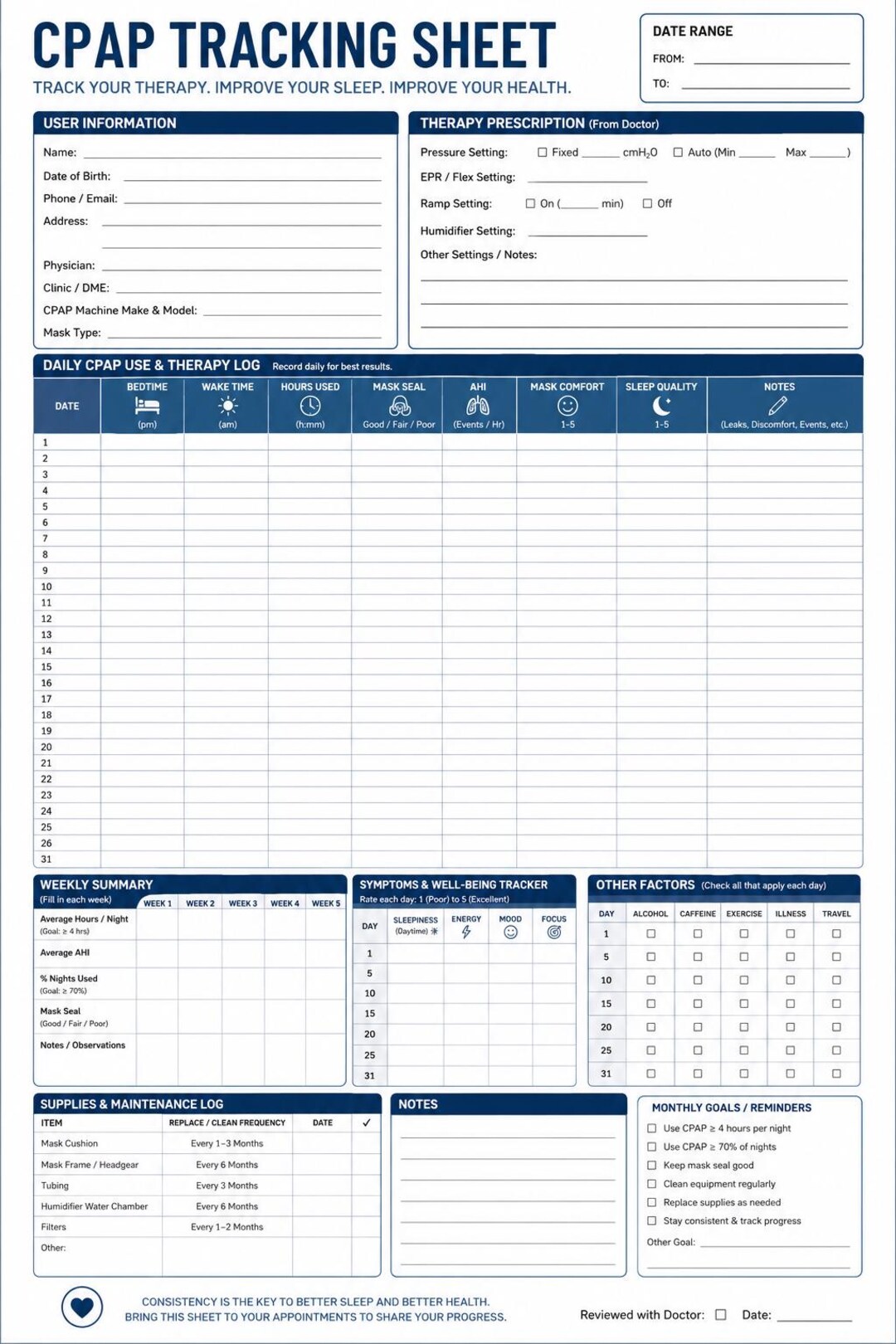 CPAP Therapy Tracking Sheet, Sleep Apnea Treatment Log, Compliance ...