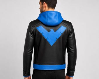 Nightwing Leather Jacket Men, Cosplay Superhero Hoodie Jacket, Black Blue DC Costume