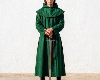 Medieval Monk Habit Robe with Hood, Franciscan Friar Costume, LARP Wizard Cloak, Cosplay, Halloween
