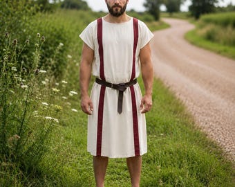 Men's Greek Toga Tunic, Roman Gladiator Costume, Striped Cotton Tunic for Cosplay, Historical Reenactment