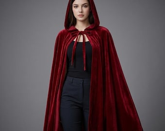 Red Velvet Hooded Cape | Medieval Cloak Costume, Renaissance Fair Outfit, Halloween Costume