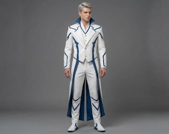 White Futuristic Cosplay Suit & Long Tail Trench Coat | Anime Outfit for Men
