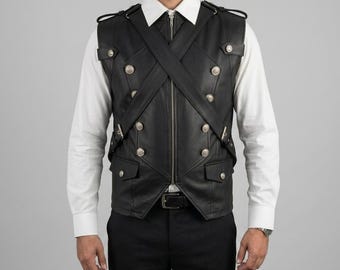 Steampunk Leather Vest for Men, Military X-Strap Waistcoat, Cosplay Vests, Dieselpunk Cosplay