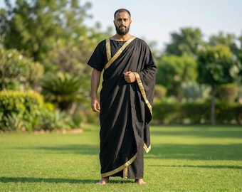 Royal Black Roman Toga Costume for Men | Ancient Greek Emperor Robe with Gold Trim