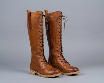 Knee High Leather Lace-Up Boot | Handmade Brown Combat Riding Boots | Custom Tall Boots