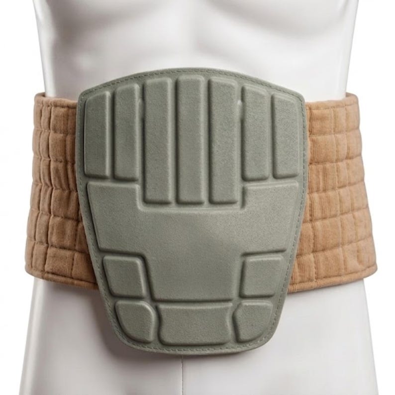 May include: A tan-colored back support belt with a gray, padded central panel. The belt has a quilted texture and is designed to provide support and protection. The central panel has a geometric design.