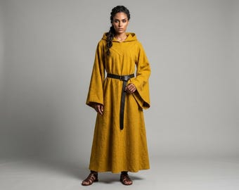 Medieval LARP Cape Renaissance Witch Fantasy Robe, Mustard Yellow Hooded Cloak