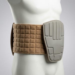 May include: A tan-colored protective belt with a quilted design and a gray, molded protective pad. The belt is designed to be worn around the waist. The pad has a series of rectangular and curved indentations.