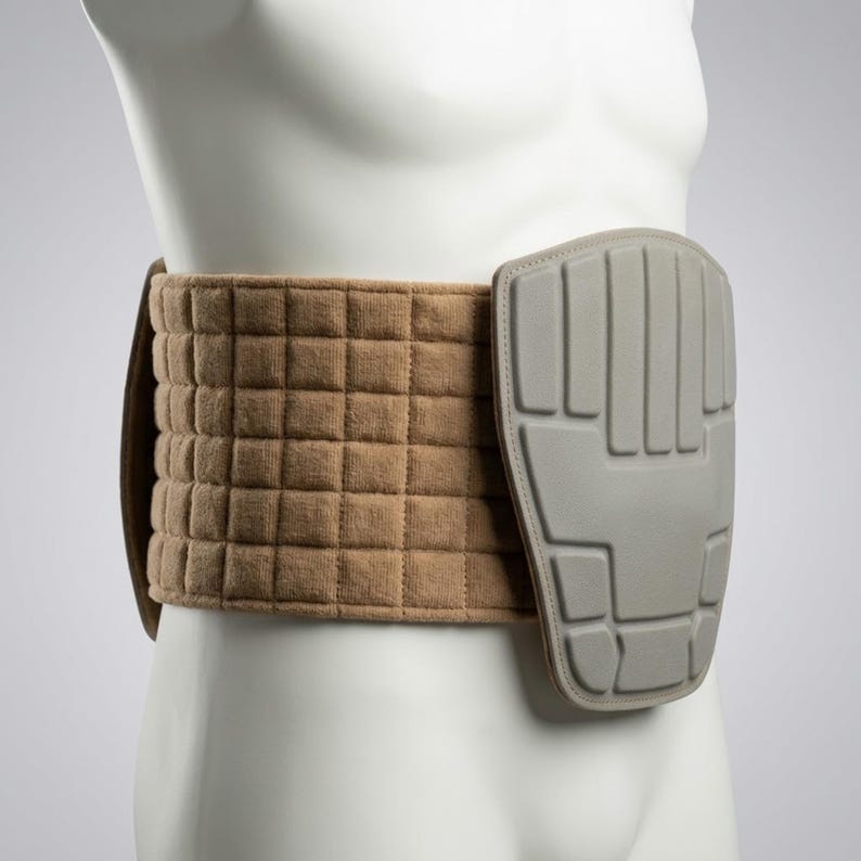 May include: A tan-colored protective belt with a quilted design and a gray, molded protective pad. The belt is designed to be worn around the waist. The pad has a series of rectangular and curved indentations.