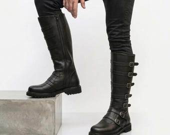 Black Leather Combat Boots | Gothic Punk Multi-Strap Buckles for Cosplay
