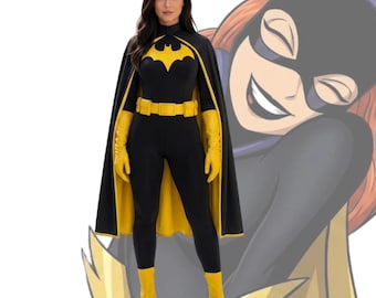 Batgirl Cosplay Costume | Black Yellow Jumpsuit, Cape, Gloves, Belt, Boots
