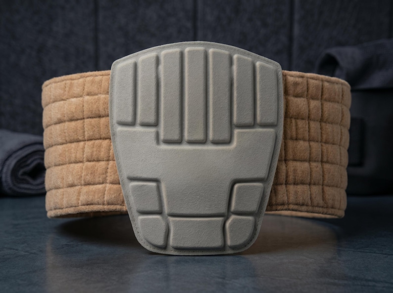 May include: A gray protective pad with a textured design, attached to a tan, quilted belt. The belt wraps around the pad, and the background is a dark gray.
