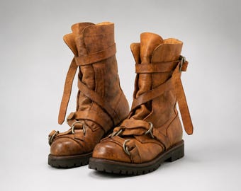 Men's Leather Boots Distressed Brown, Buckle Wrap Combat Boots, Motorcycle Boot, Rustic Boho Style