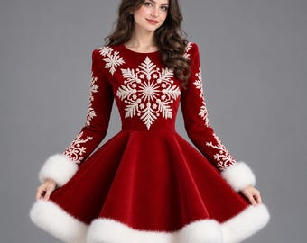 Red Velvet Snowflake Dress | Faux Fur Trim Christmas Mini Dress