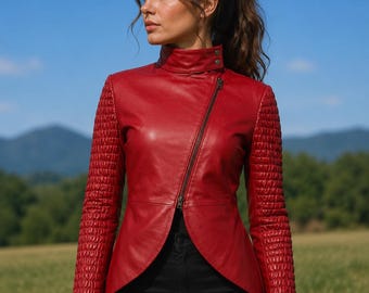 Red Leather Jacket Women, Asymmetric Zip Biker Jackets, Genuine Leather Coat