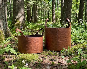 Round Firewood Basket | Handmade Rustic Wood Log Holder | Genuine Leather Carrier