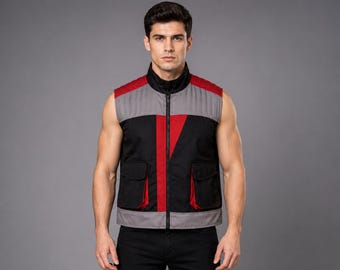 Men's Racing Vest, Black Red Grey Tactical Vest, Sleeveless Utility Vests with Pockets