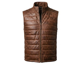 Men's Quilted Leather Puffer Vest – Lightweight Sleeveless Jacket for Casual & Outdoor Wear