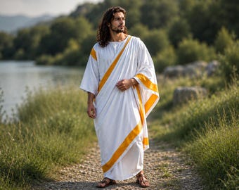 Roman Toga Costume Men, White Gold Stripe Toga Robe, Greek Costumes