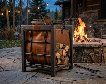 Genuine Leather Firewood Carrier & Storage Bag | Handmade Log Tote (No Iron Stand)