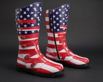 Embroidered Combat Boots with American Flag – Multi-Strap Buckle Cosplay Footwear