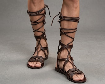 Men sandals, Handcrafted Genuine Brown Leather Roman Gladiator sandals Costume Set LARP