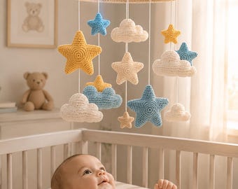 Peepclouds Crochet Mobile, Shy Cloud and Star Nursery Art, Celestial Baby Room Hanging