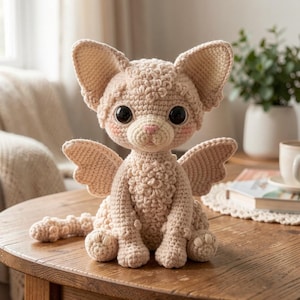 Pode incluir: Um peluche de gato em croché bege com grandes olhos pretos, um pequeno nariz cor-de-rosa e detalhes em fio encaracolado texturizado. A criatura apresenta duas pequenas asas nas costas, orelhas pontiagudas e uma cauda comprida em fio castanho.