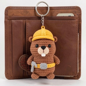 Crocheted Beaver Worker Charm, Yellow Hard Hat Mascot, Whimsical Engineer Gift, Bag Accessory