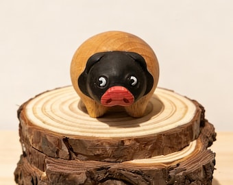 Pursuit of Jade Inspired Chibi Pig Wooden Figurine, Hand Carved Black & White Piggy Decor