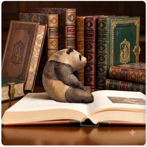 Op de afbeelding: Een klein, uit hout gesneden panda-beeldje zit op een open boek. Achter de panda staan verschillende antieke boeken met harde kaft, voorzien van goudkleurige ruggen en decoratieve covers, in een rij opgesteld als een bibliotheek.